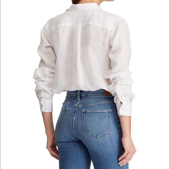 New Lauren Ralph Lauren white linen relaxed fit half button long sleeve shirt - Picture 6 of 11